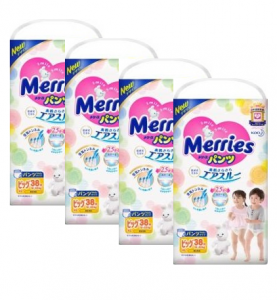 4 упаковки Merries Трусики (12-22кг) 38шт Big (4901301230676) в интернет-магазине babypremium.com.ua