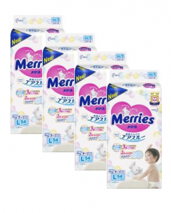 4 упаковки Merries Підгузки L (9-14кг) 54 шт 4901301230881 в інтернет-магазині babypremium.com.ua