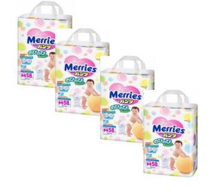 4 упаковки Merries Трусики M (6-11кг) 58 шт 4901301230591 в інтернет-магазині babypremium.com.ua