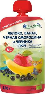 Fleur Alpine Organic Пюре Яблуко-банан-чорна смородина-чорниця з 6 місяців 120 г (5024688001093) в інтернет-магазині babypremium.com.ua
