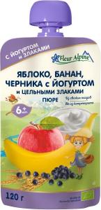 Fleur Alpine Organic Пюре Яблуко-банан-чорниця з йогуртом з 6 місяців 120 г (5024688001161) в інтернет-магазині babypremium.com.ua
