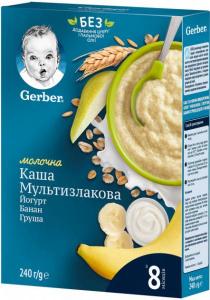 Gerber Молочна каша Мультизлакова з йогуртом, бананом та грушею 240 г (7613039834244) в інтернет-магазині babypremium.com.ua