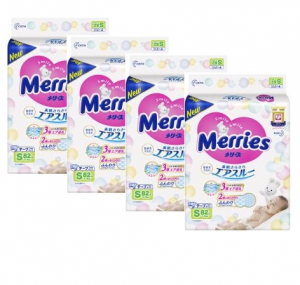 4 упаковки Merries Подгузники (4-8 кг) 82 шт S (4901301230812) в интернет-магазине babypremium.com.ua