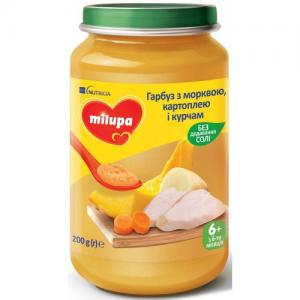 Milupa Пюре овоще-мясное Тыква с морковью, картофелем и цыпленком, от 6 месяцев, 200г (5900852044014) в интернет-магазине babypremium.com.ua