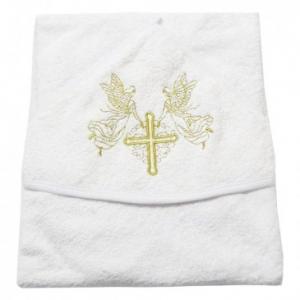 Рушник для хрещення Pedaliza з капюшоном 76*76 молочний, з ангелами, золота вишивка 8697691564472 в інтернет-магазині babypremium.com.ua