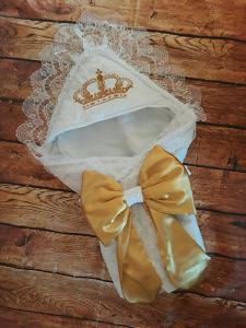 Премиум конверт-одеяла на выписку с вышивкой и кружевом Royal (бело-желтый) в интернет-магазине babypremium.com.ua
